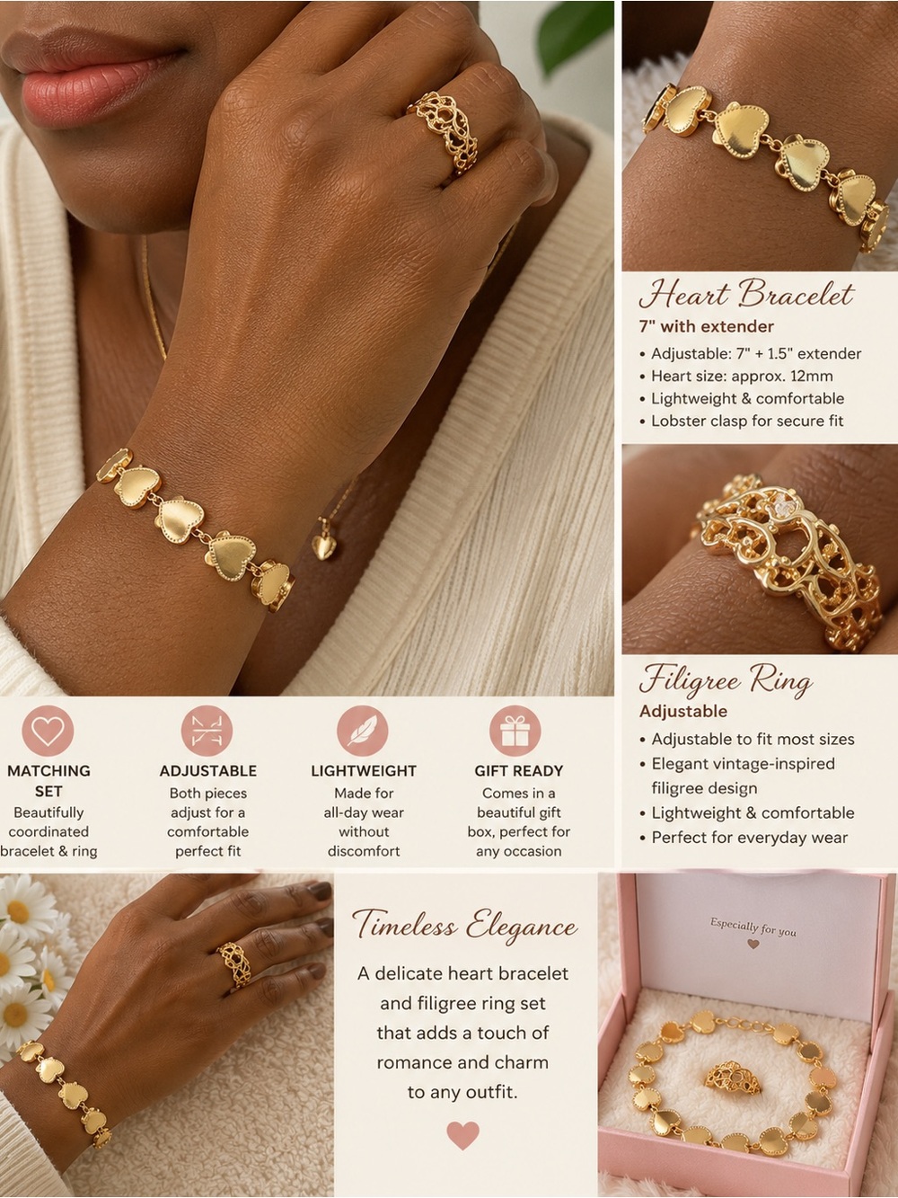 2 piece Heart Bracelet & Filigree Ring Set - Goldtoned